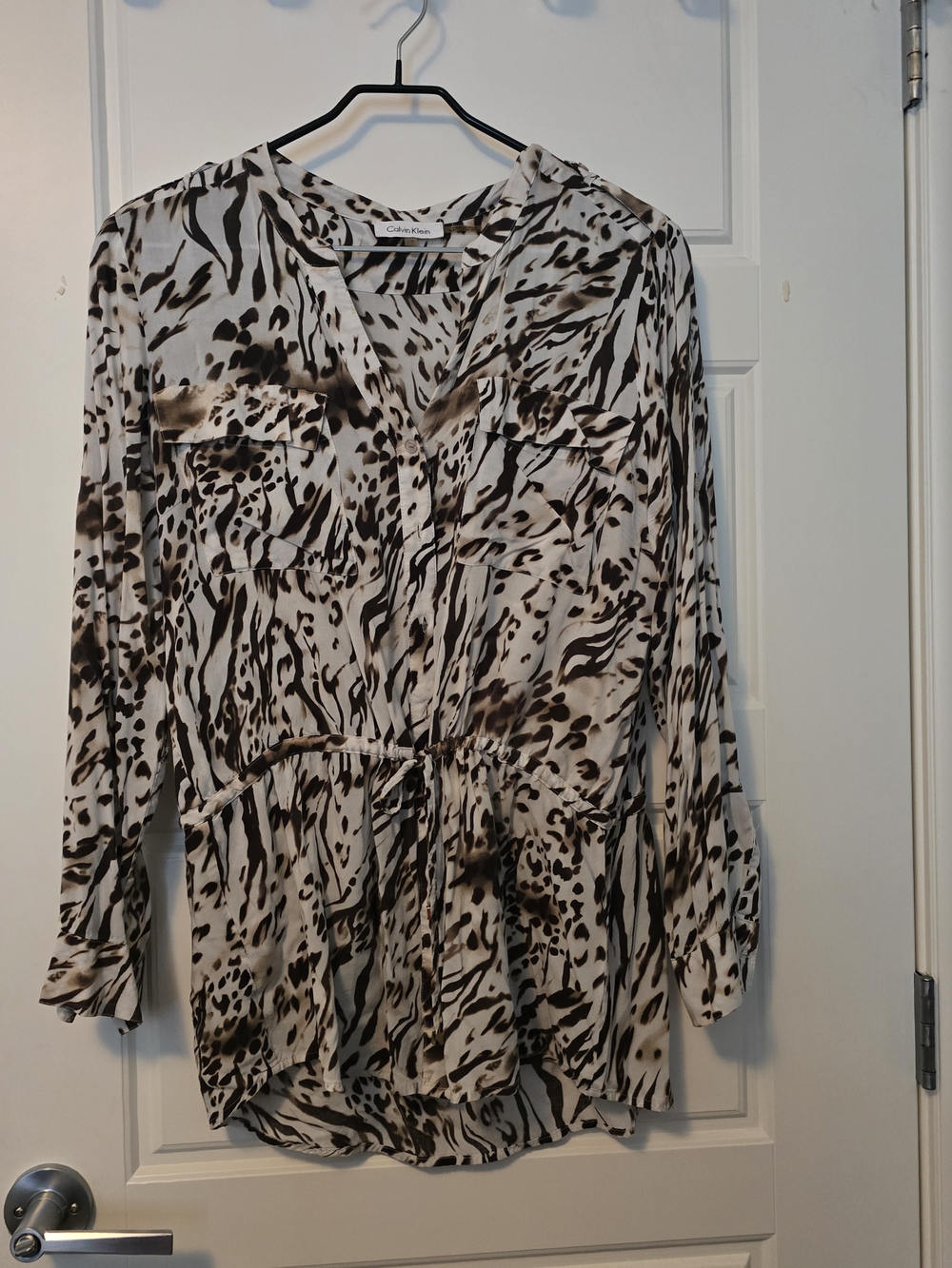 Calvin Klein Cream and Brown Animal-Print Drawstring Tunic
